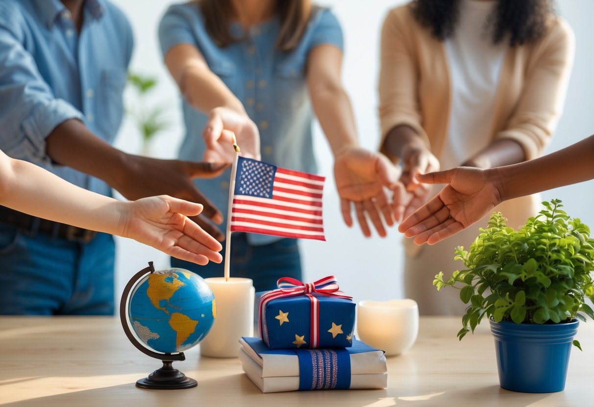 A table with symbolic gifts for a new citizenship celebration, including a globe, a small flag, a rolled document, and a potted plant, with diverse hands reaching towards them.