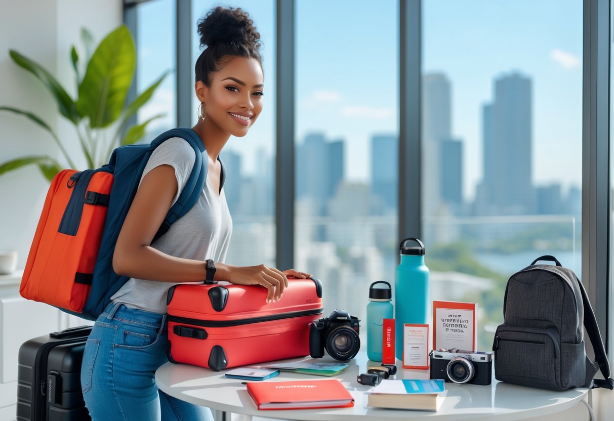 A young woman packing a suitcase in a sunlit room with travel items like a journal, camera, water bottle, and headphones around her.
