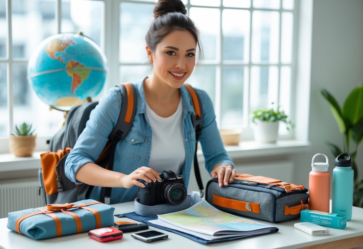 A young woman packing a backpack with travel essentials and gifts at a sunlit table near a window.