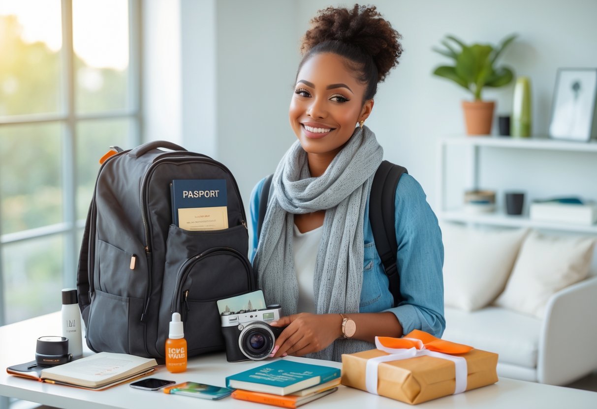 A young woman packing travel essentials into a backpack in a bright room, surrounded by items like a passport, camera, and travel gifts.