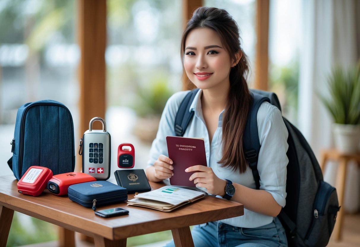 A young woman preparing for her first solo trip with travel safety and security items arranged on a table.