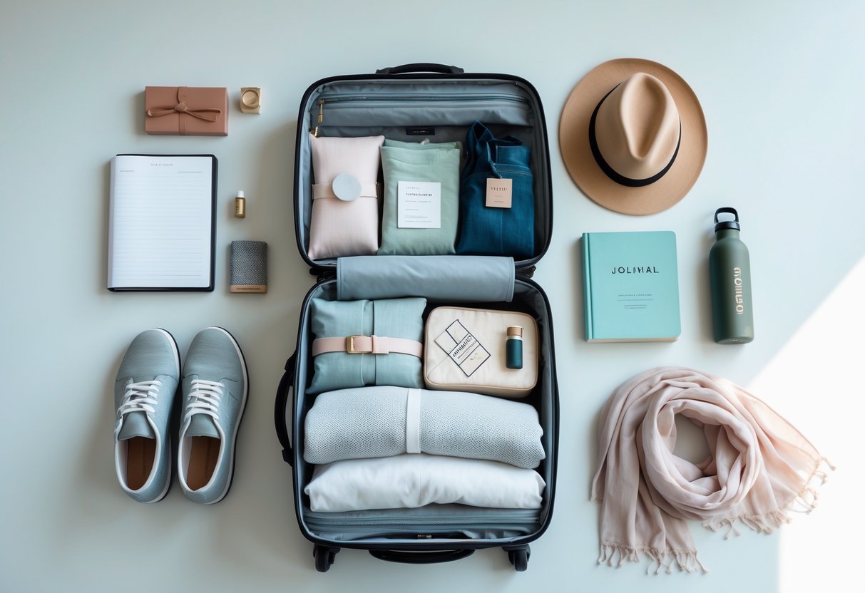 Open suitcase neatly packed with clothes, travel organizer, and empowering gifts for a woman's first solo trip on a clean surface.