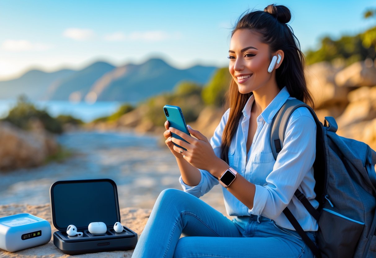 A young woman using a smartphone and portable charger while sitting outdoors at a scenic travel spot with travel tech gadgets around her.