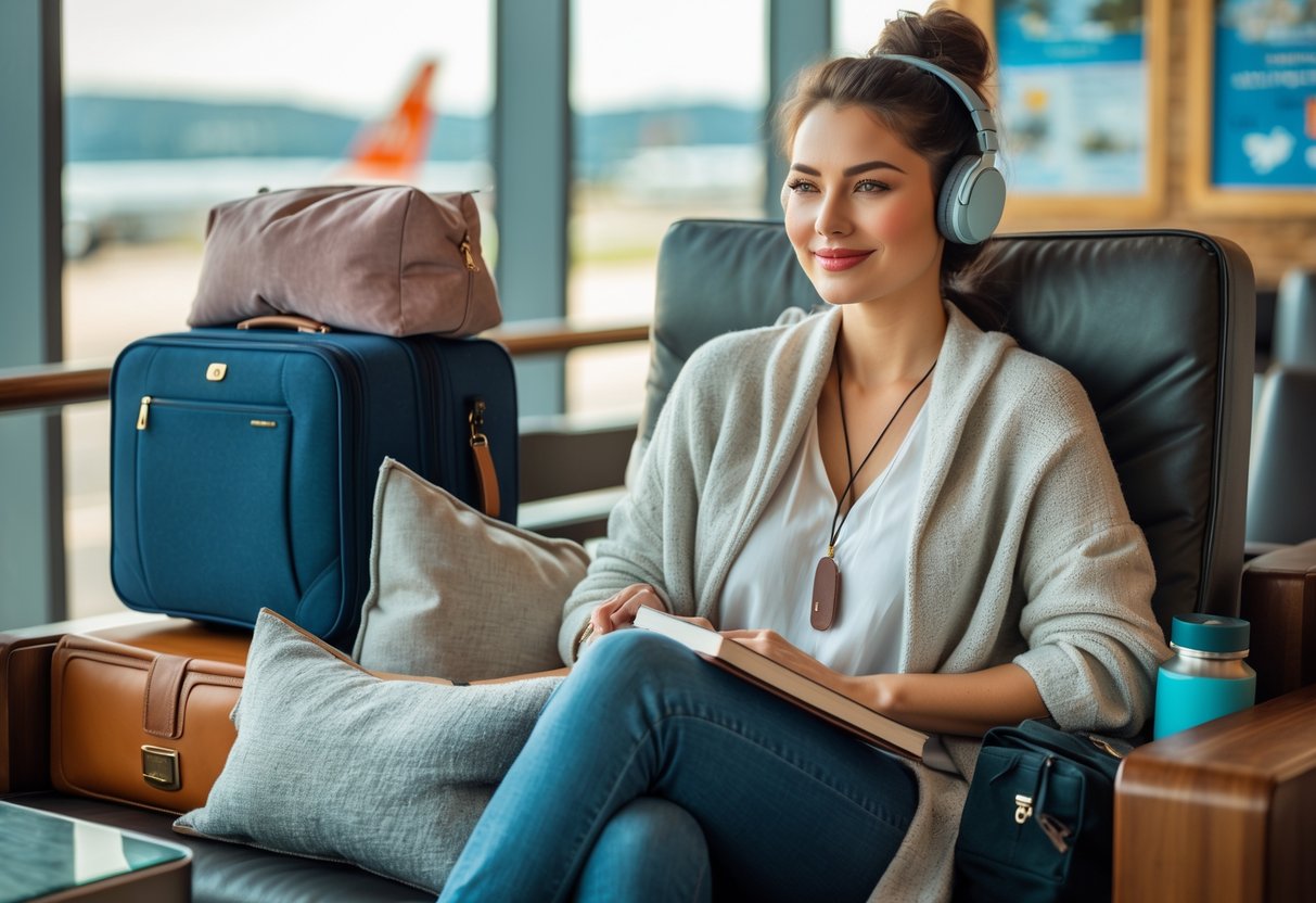 A young woman sitting comfortably with travel essentials like a suitcase, travel pillow, water bottle, and headphones, looking relaxed and confident in an airport lounge.