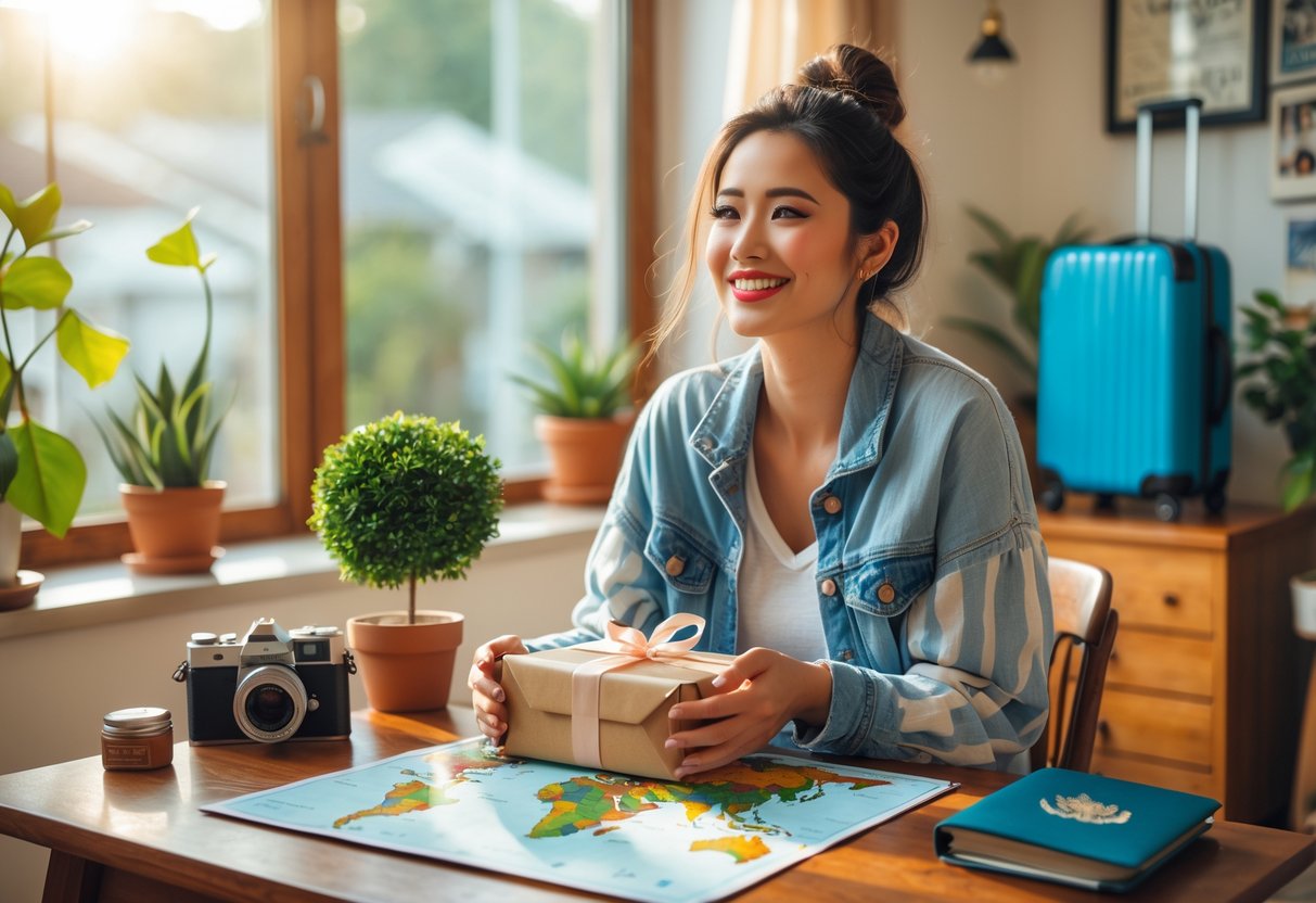 A young woman sitting at a table by a window, surrounded by travel gifts and accessories, preparing for her first solo trip.