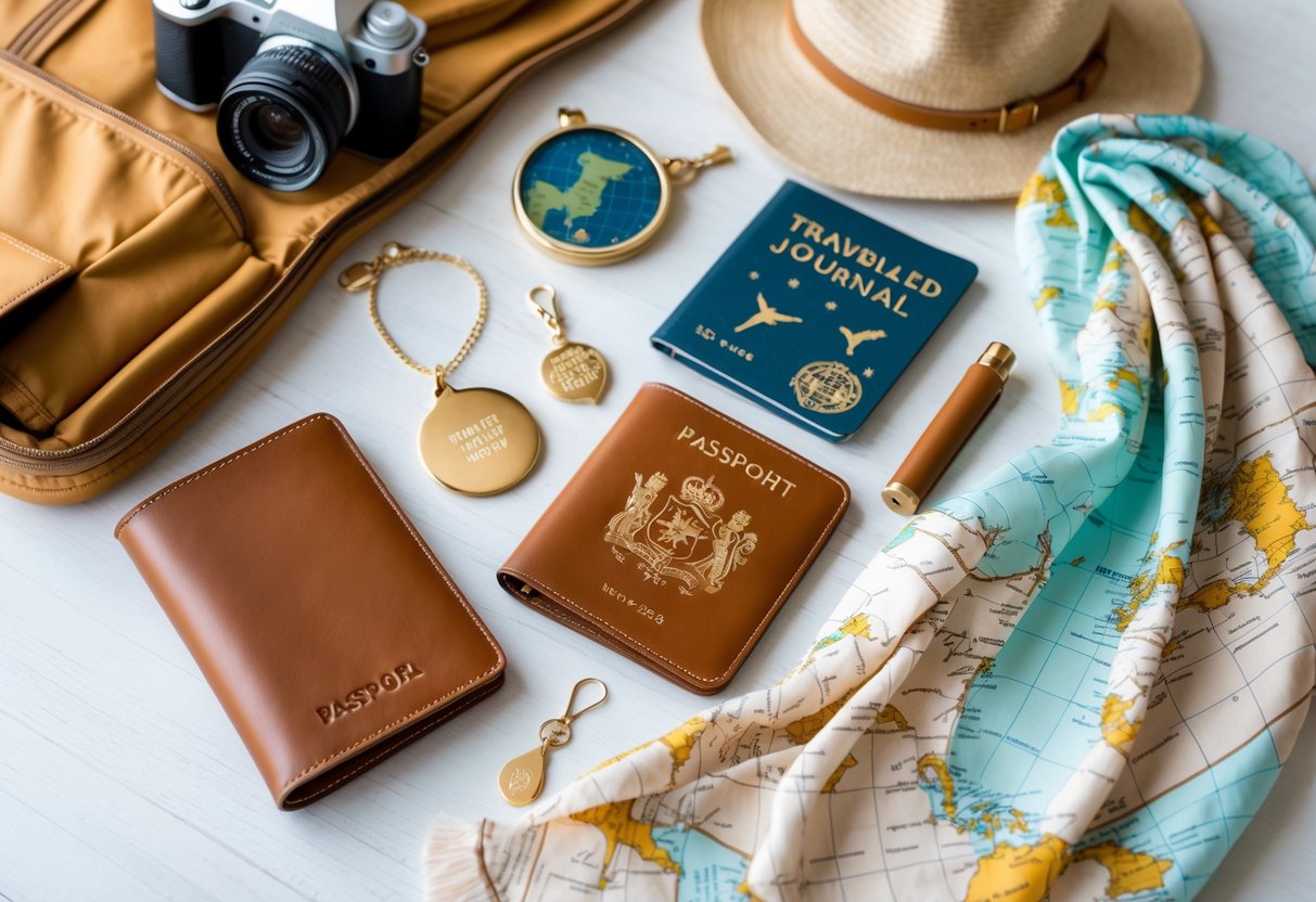 Flat lay of personalized travel gifts including a leather passport holder, charm bracelet, travel journal, and scarf next to a partially packed suitcase.