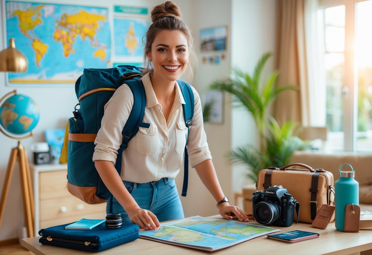 A young woman packing a backpack in a bright room filled with travel items and gifts, preparing for her first solo trip.