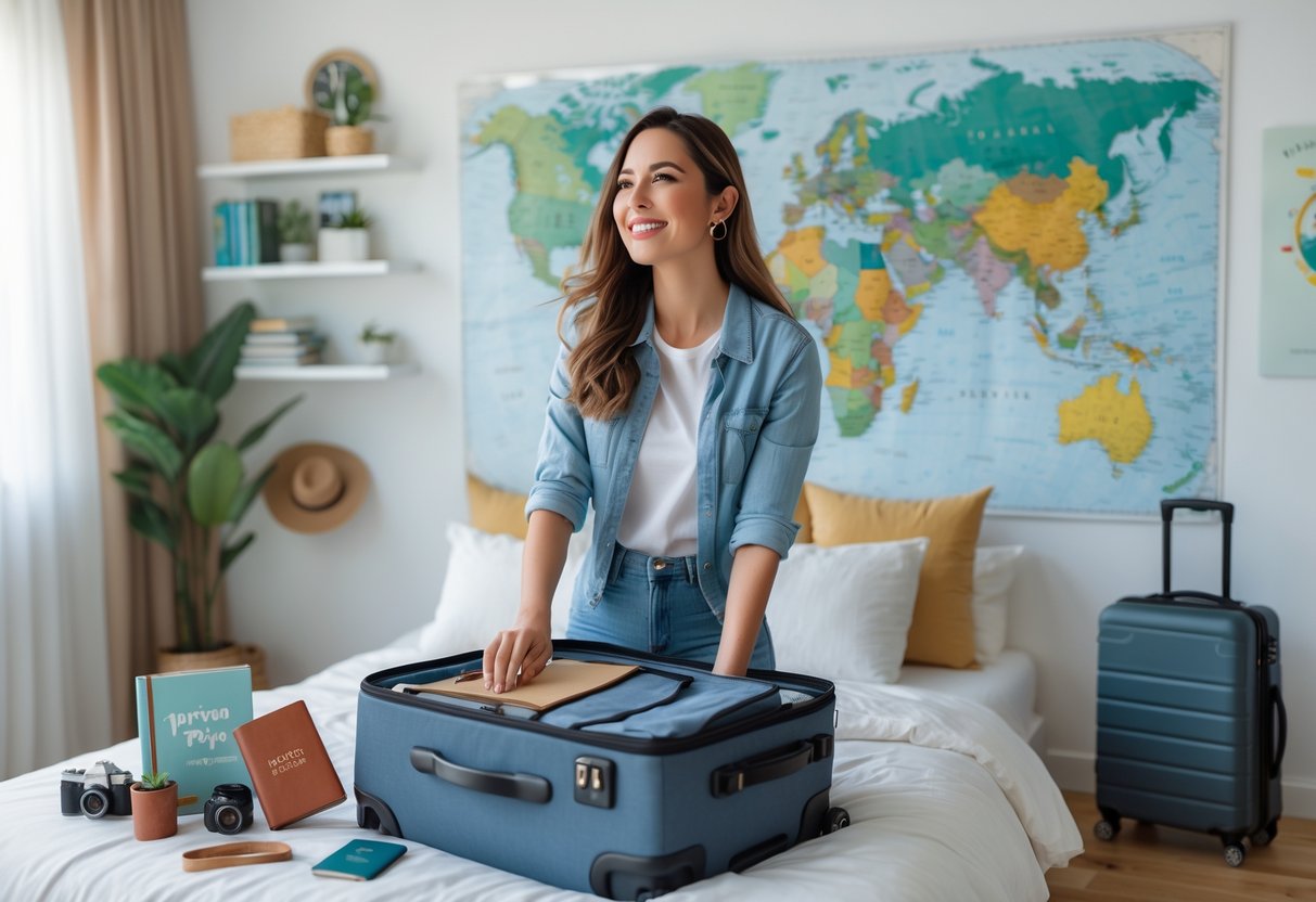 A young woman packing a suitcase in a bright bedroom surrounded by travel items and a world map on the wall.