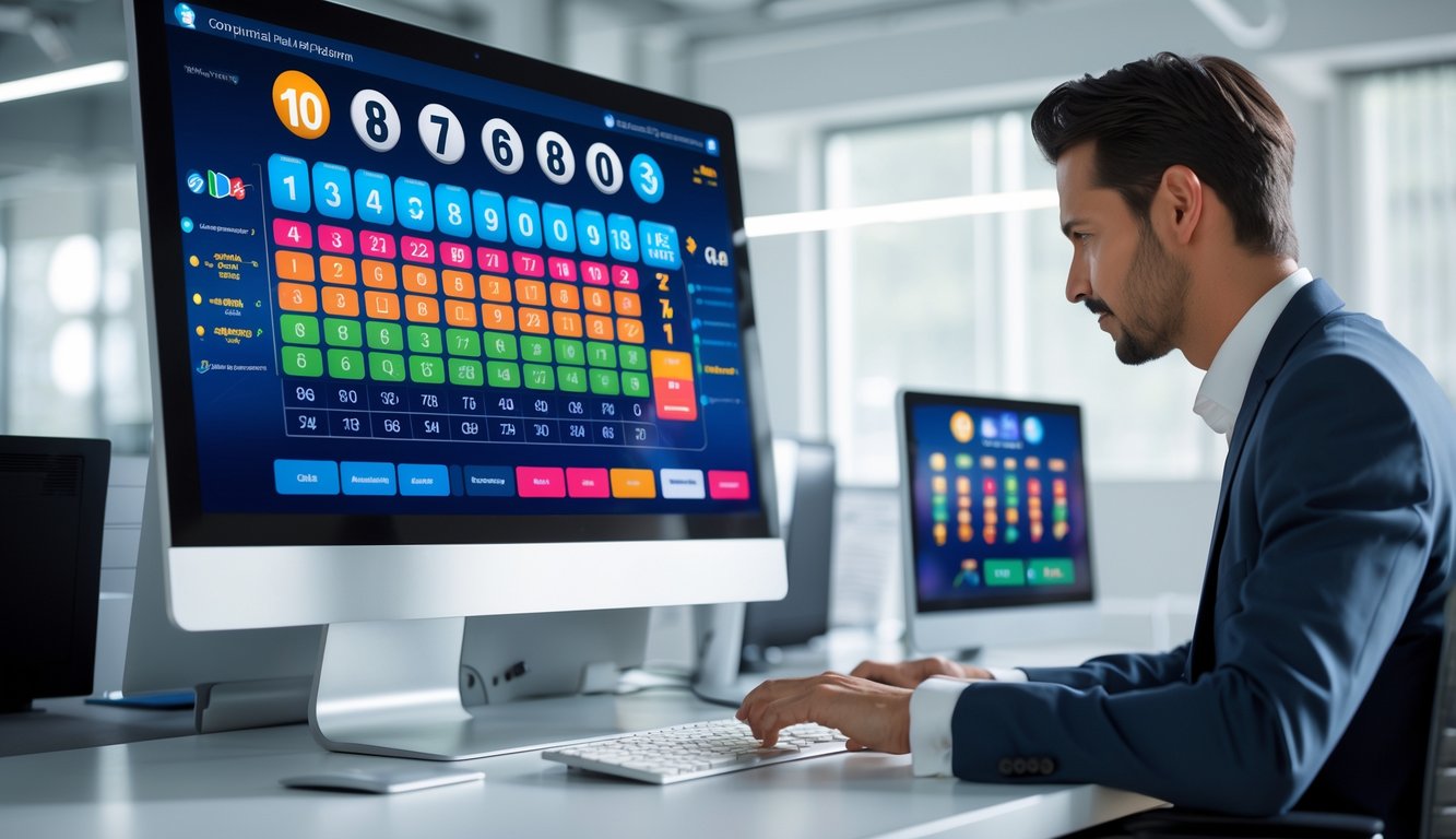 Seseorang di kantor modern sedang menggunakan komputer dengan tampilan hasil undian langsung yang cepat dan dinamis.