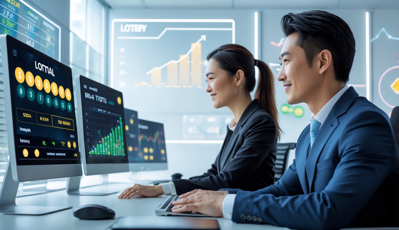 Seorang pria dan wanita duduk di meja kantor dengan beberapa layar komputer yang menampilkan grafik dan angka terkait lotere.