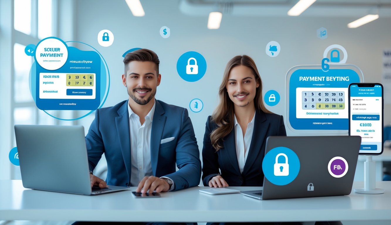 Seorang pria dan wanita yang percaya diri duduk di meja dengan perangkat digital menampilkan angka togel dan konfirmasi pembayaran dalam suasana kantor yang terang dan profesional.