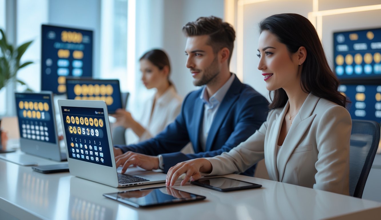 Dua orang muda duduk di meja dengan perangkat digital menampilkan angka lotere di ruang kantor modern yang terang.