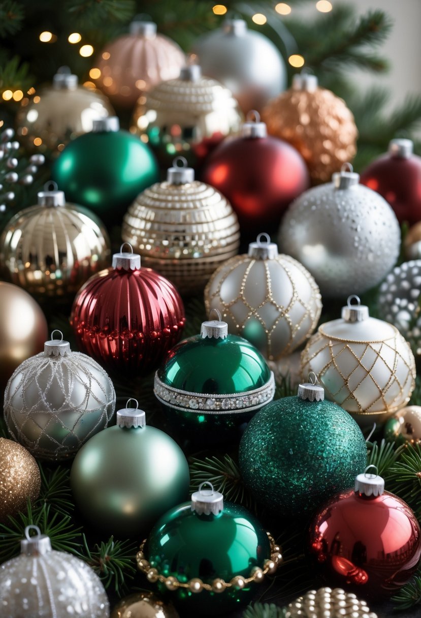A collection of 20 elegant Christmas tree ball ornaments in various colors and designs displayed together with holiday decorations in the background.
