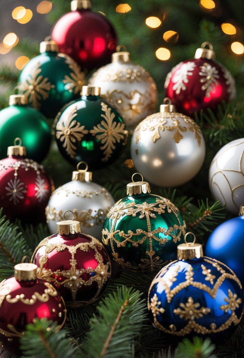 A collection of twenty hand-painted glass Christmas ornaments with gold filigree designs hanging on evergreen branches with blurred holiday lights in the background.