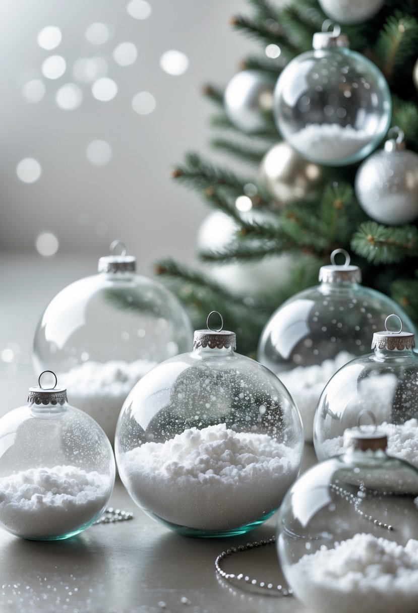 Clear glass ball ornaments filled with white faux snow arranged together on a neutral background.