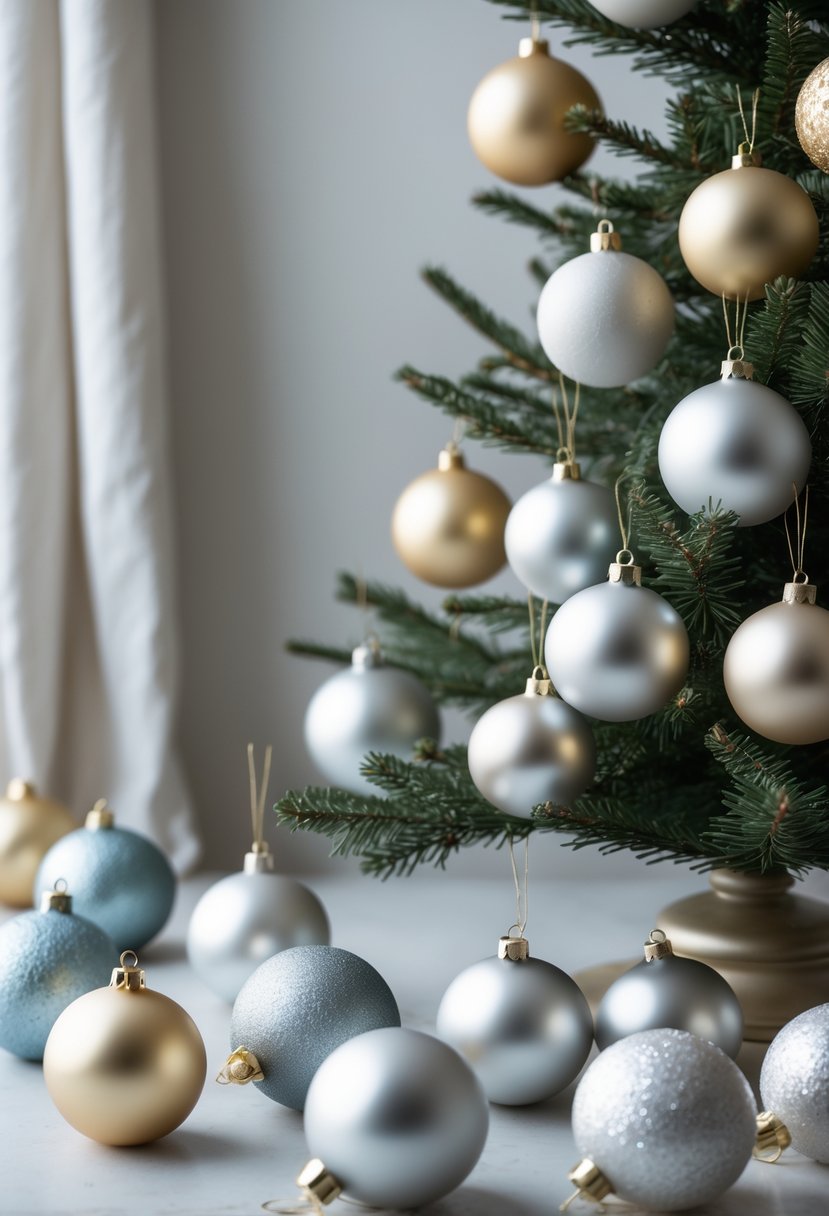 A collection of matte metallic silver and gold Christmas ball ornaments arranged together.