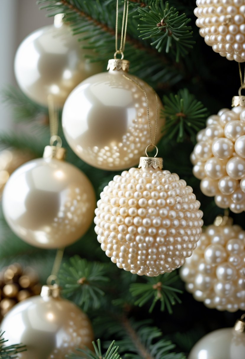 Close-up of cream-colored pearl-beaded Christmas ball ornaments hanging on a pine tree.