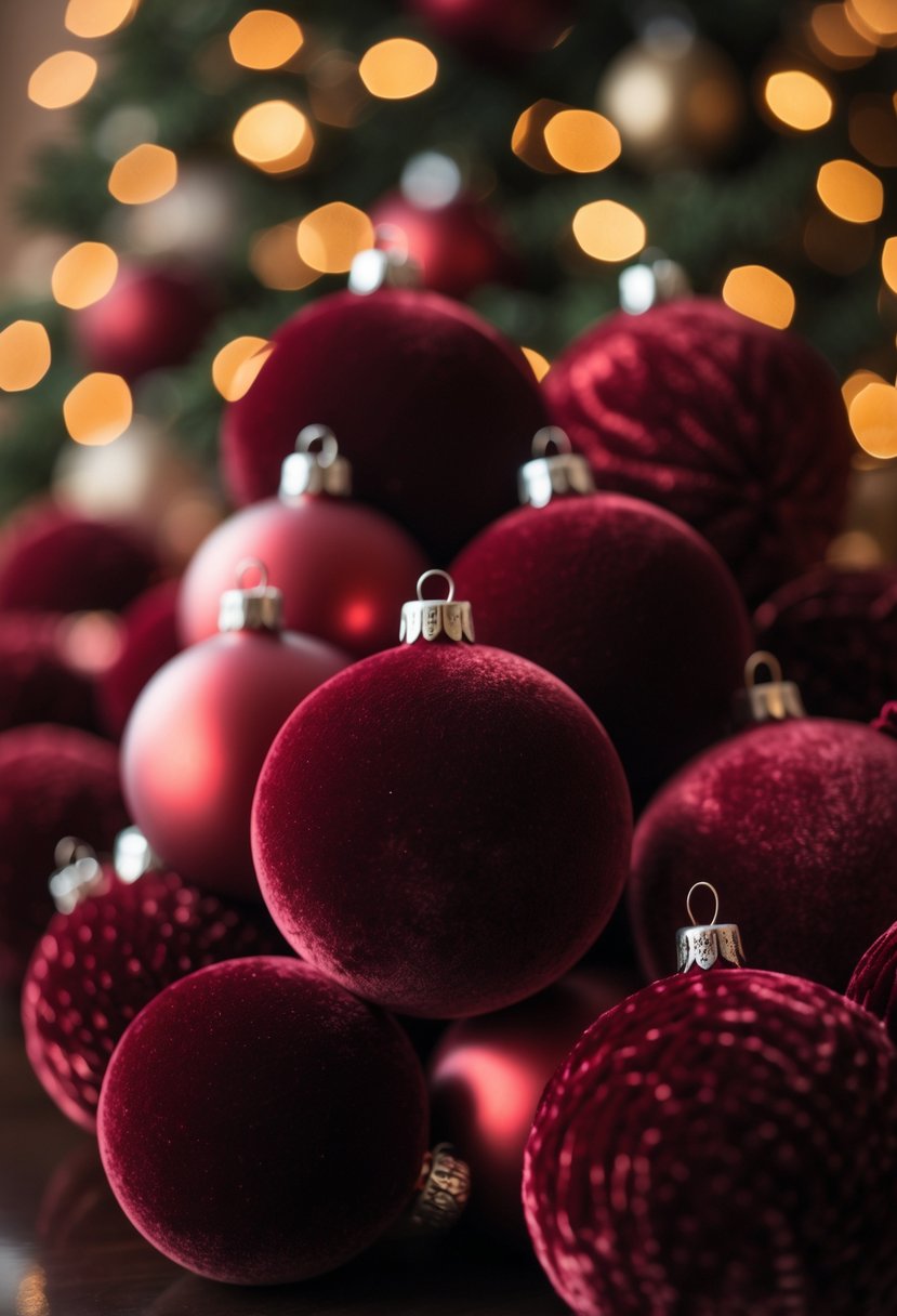 Close-up of deep burgundy velvet Christmas tree ball ornaments clustered together with warm holiday lighting in the background.