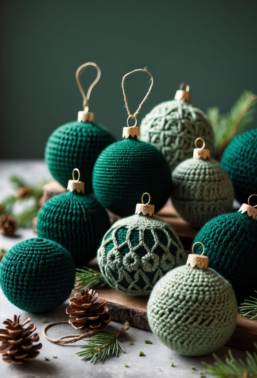 A group of handcrafted forest green crochet ball ornaments arranged on a wooden surface with pine needles and pine cones.
