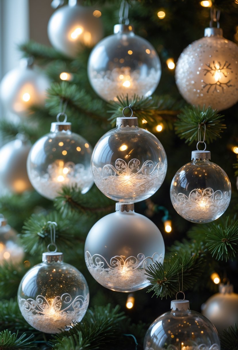 A Christmas tree decorated with 20 glowing glass ball ornaments emitting warm white light.