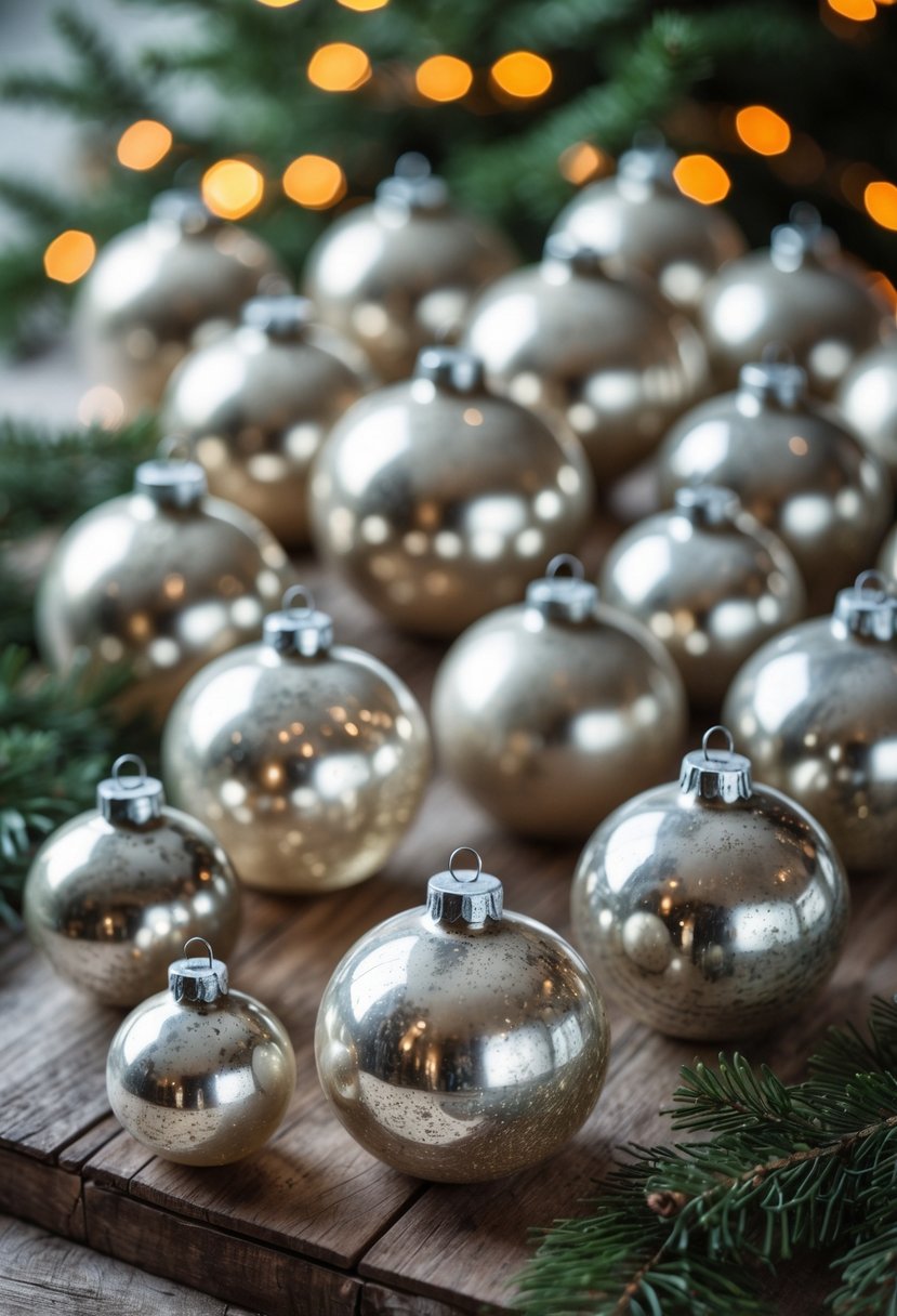 A collection of silver mercury glass Christmas tree ball ornaments arranged on a wooden surface with blurred evergreen branches and warm lights in the background.