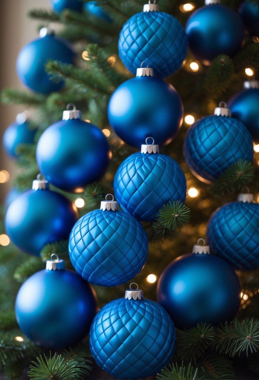 A Christmas tree decorated with twenty royal blue satin quilted ball ornaments.
