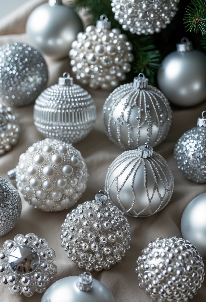 A collection of beaded Christmas ball ornaments with intricate silver patterns arranged together.