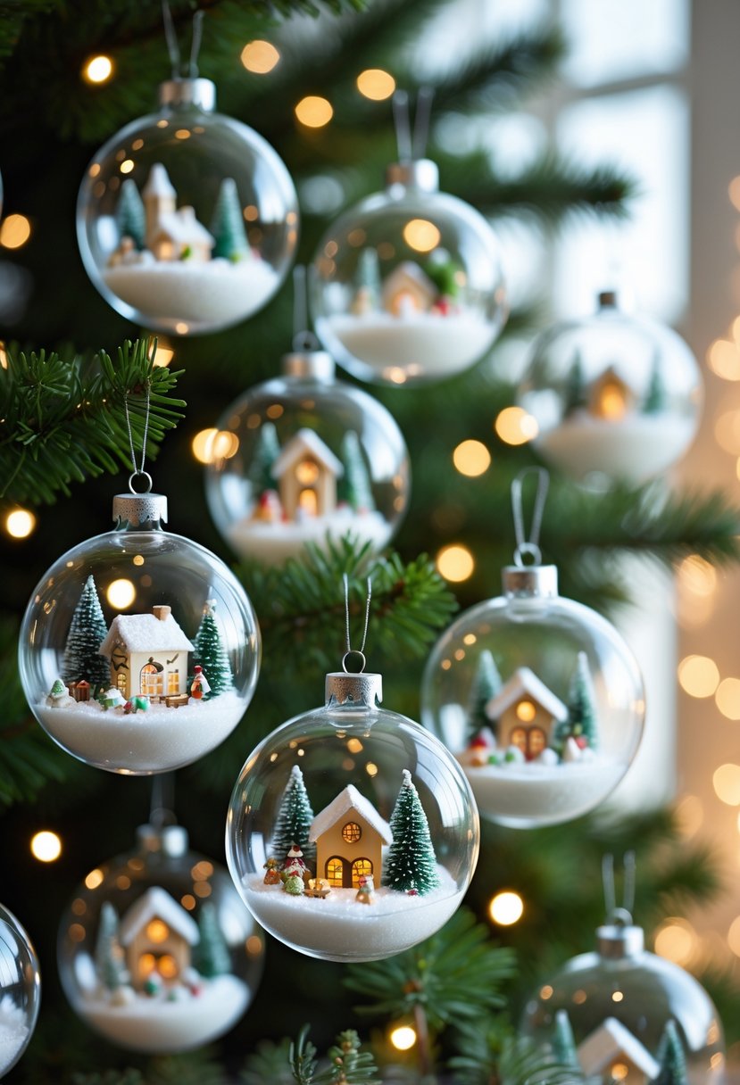 Clear glass Christmas ball ornaments hanging on a tree, each containing a small festive scene inside.