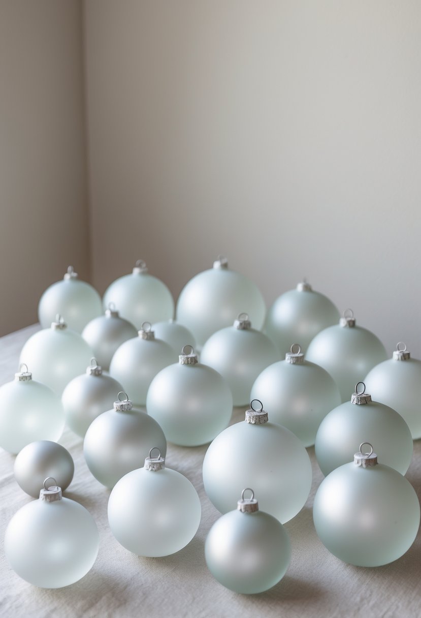 A collection of frosted glass Christmas tree ball ornaments arranged together on a neutral background.