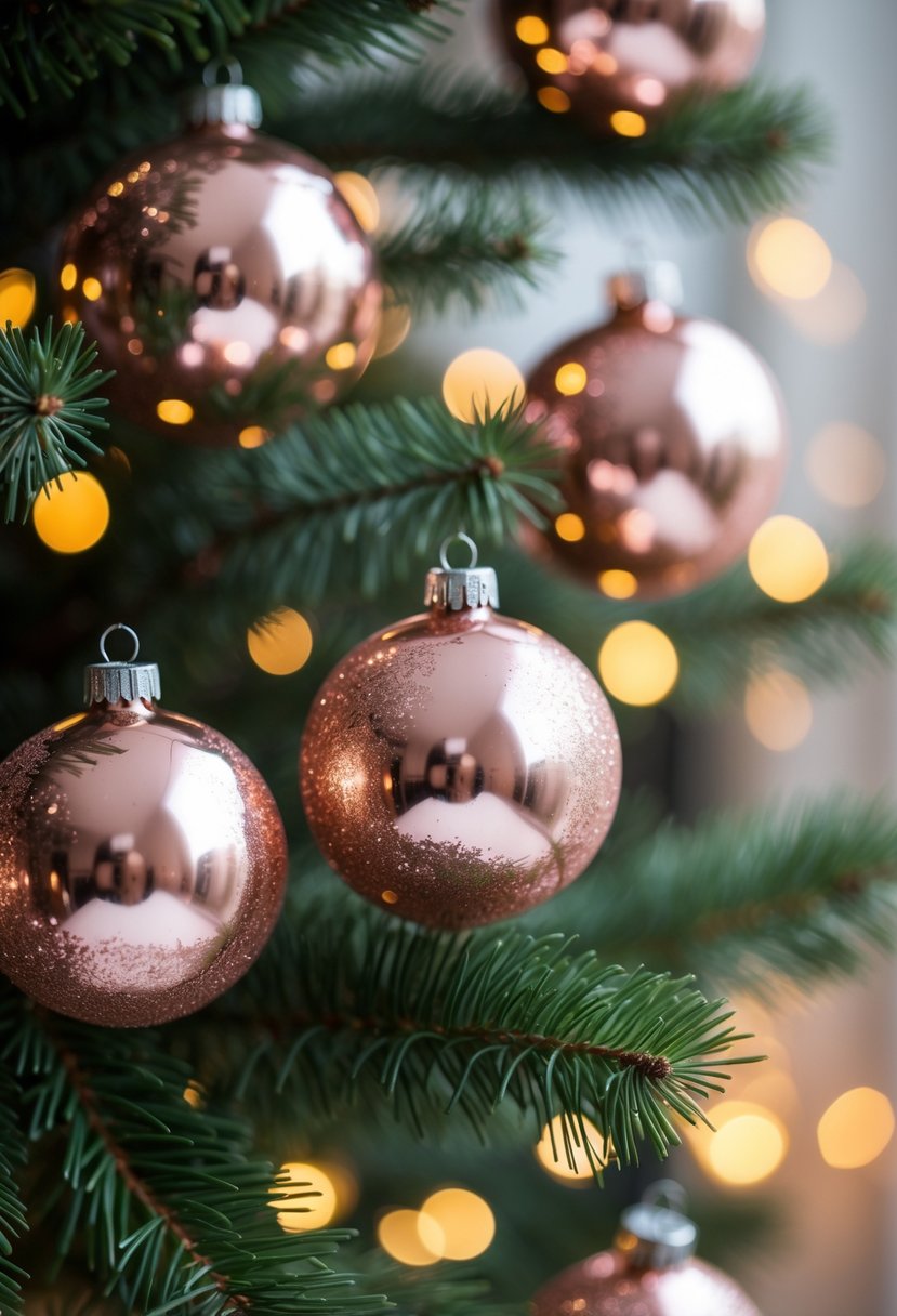 Close-up of rose gold Christmas ball ornaments with glitter hanging on a pine tree branch with blurred warm lights in the background.