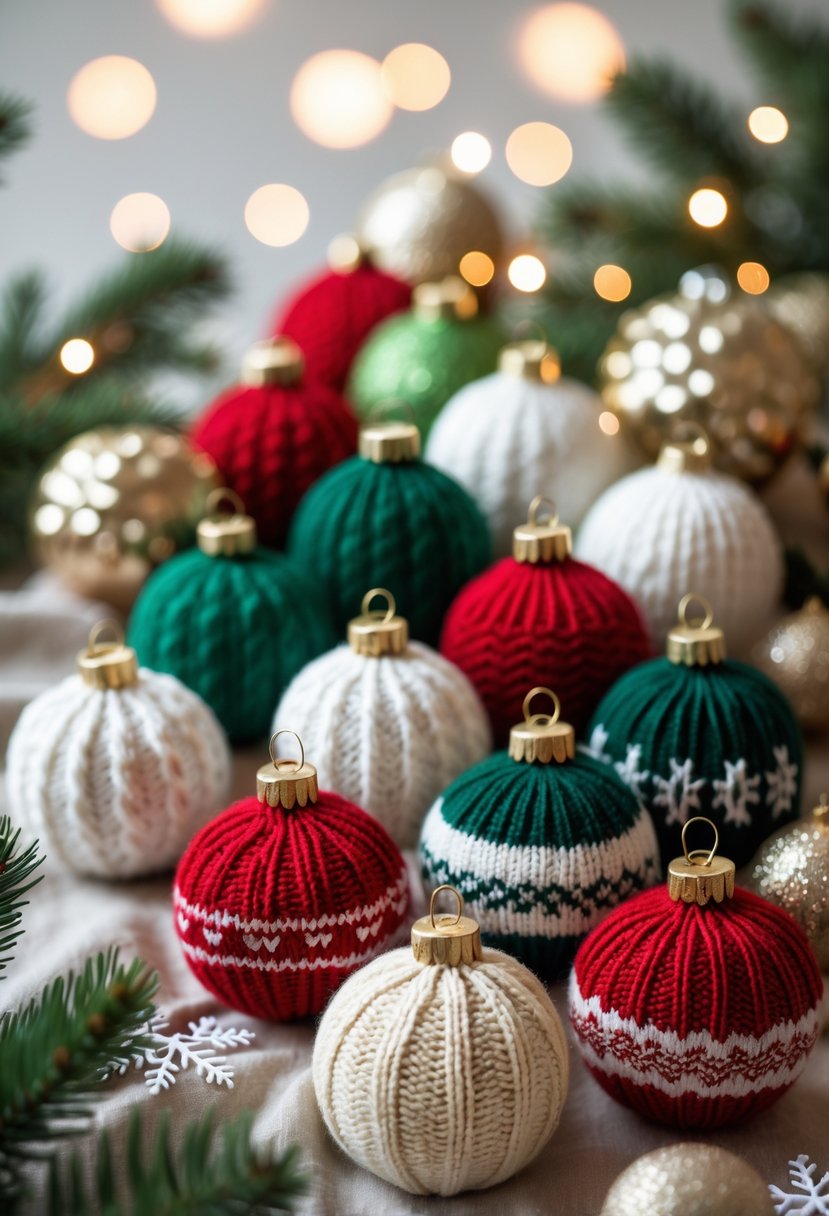 A close-up of 20 small Christmas tree ball ornaments with knitted sweater patterns arranged on a soft background with pine branches and soft holiday lights.