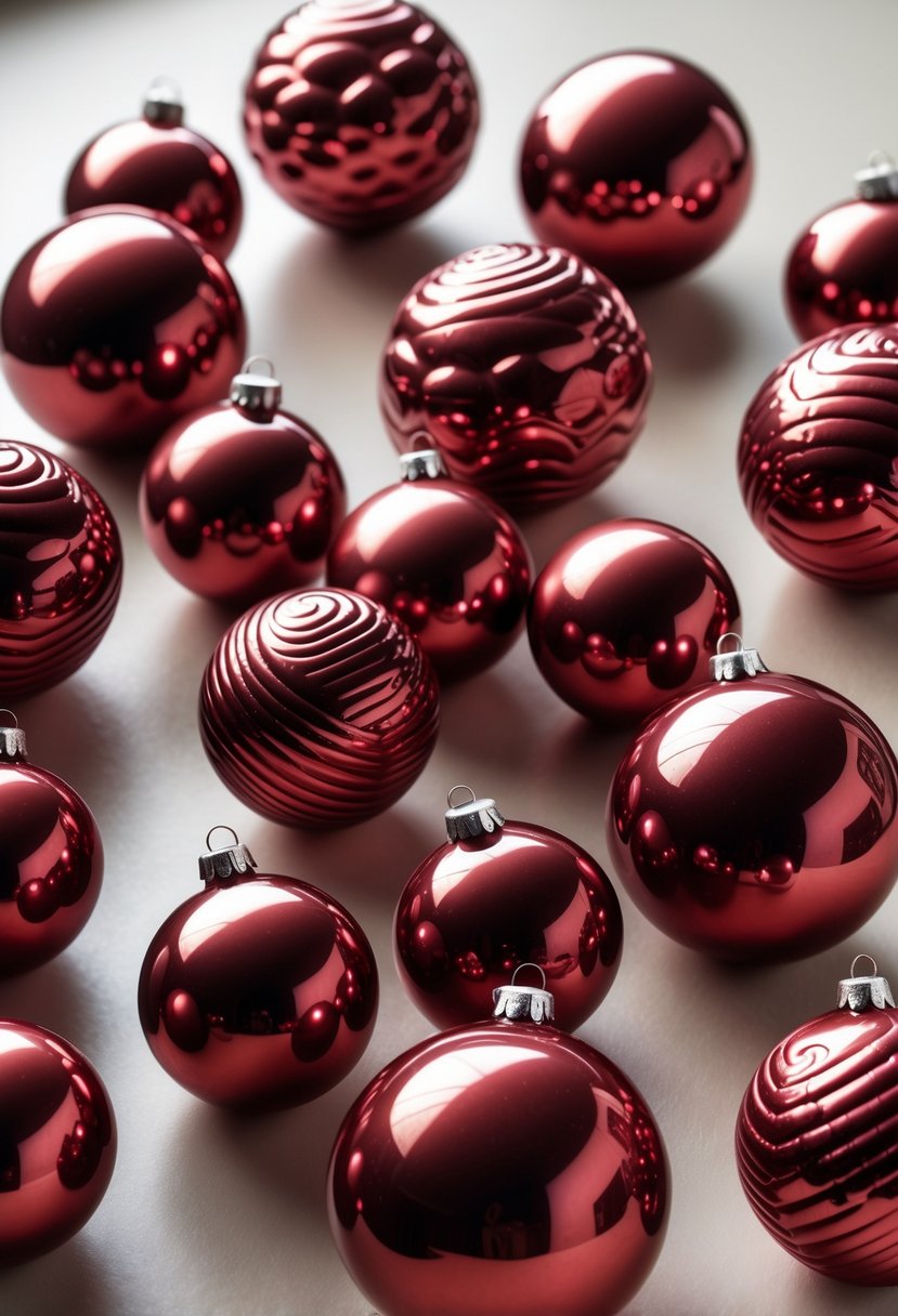 A collection of twenty glossy red Christmas tree ball ornaments with subtle embossed patterns arranged on a neutral background.