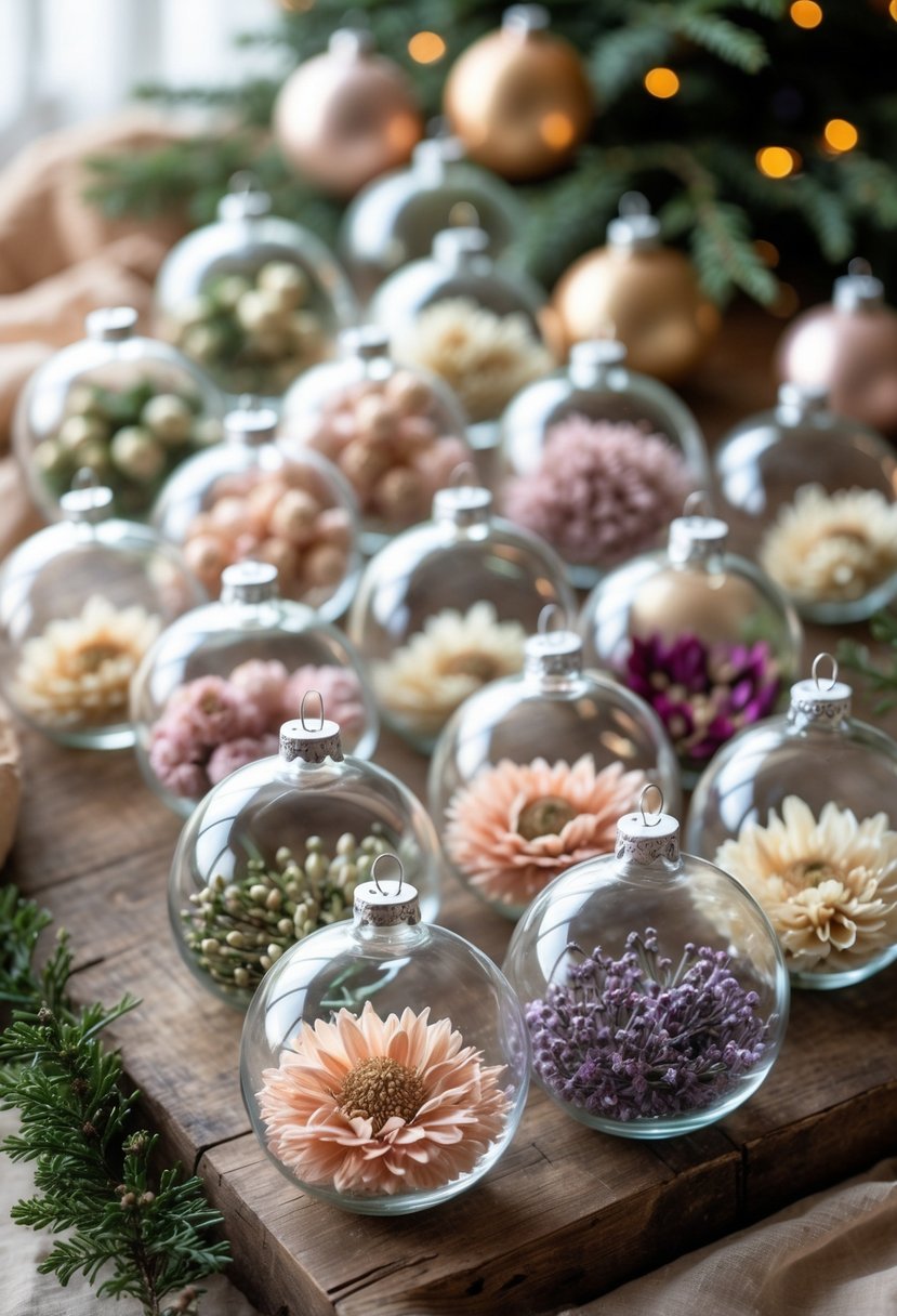 Clear glass Christmas tree ornaments filled with dried flowers arranged on a wooden surface with blurred evergreen branches in the background.