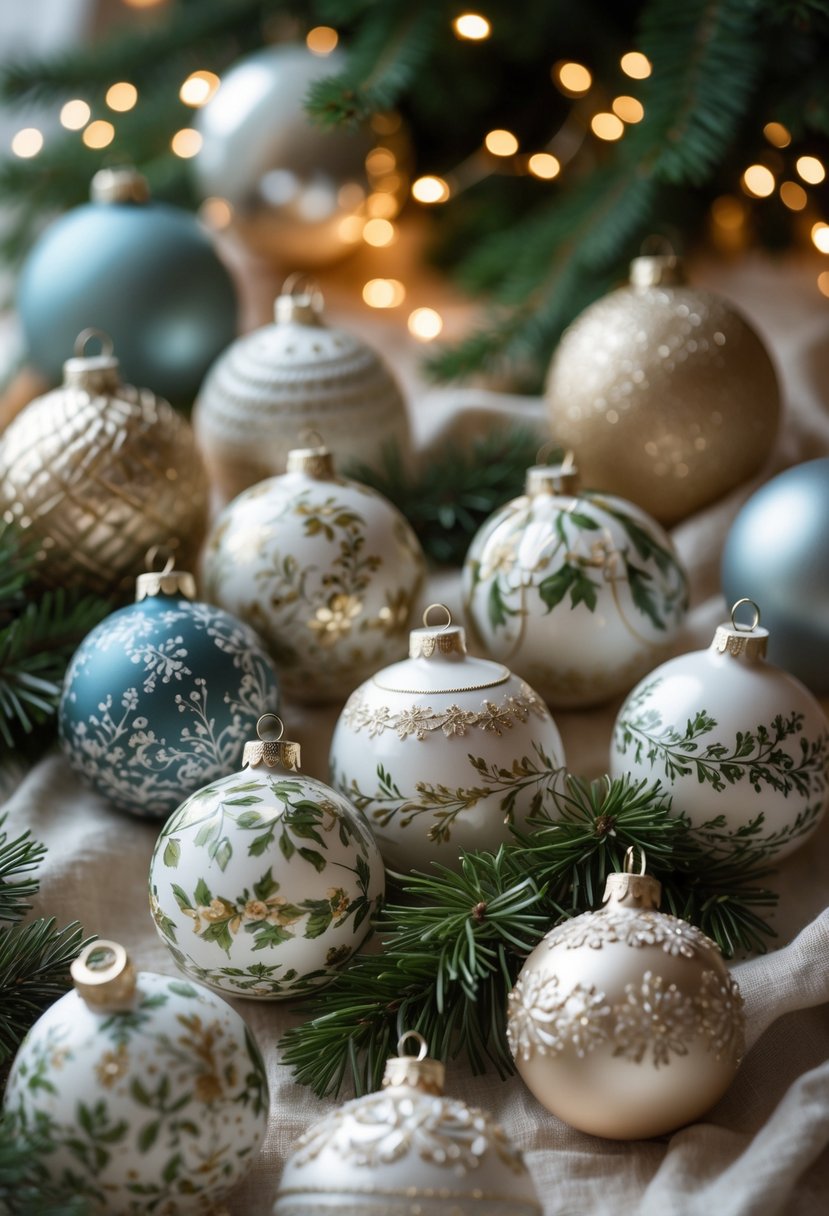 A collection of 20 hand-decorated Christmas tree ball ornaments arranged with evergreen branches and soft holiday lighting.