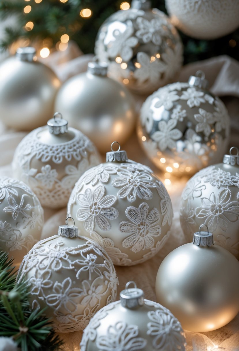 Pearl-white Christmas tree ball ornaments with lace overlays arranged together.