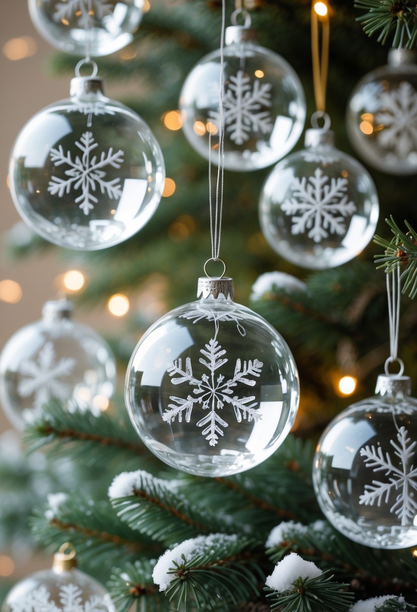 Crystal ball Christmas tree ornaments with etched snowflake designs displayed on pine branches.