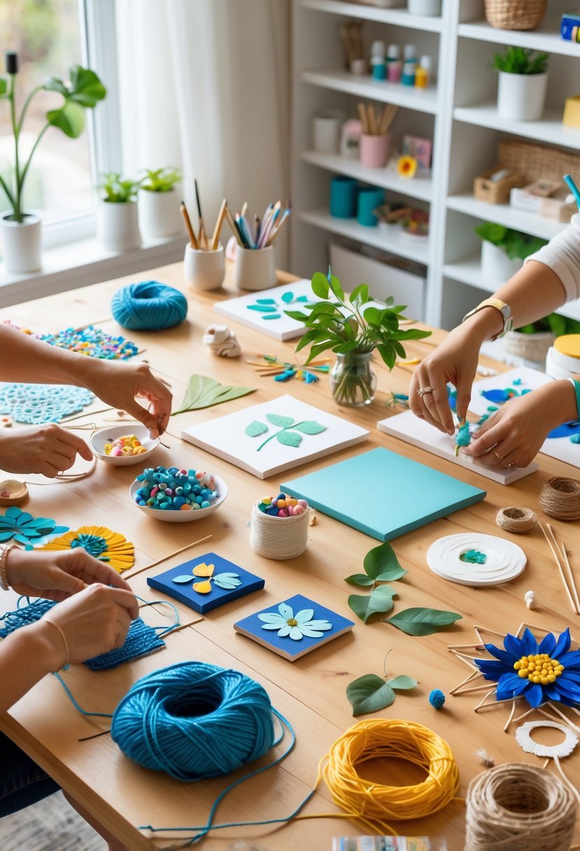 A workspace with hands creating various craft projects using yarn, paper, paint, beads, and natural materials on a wooden table.