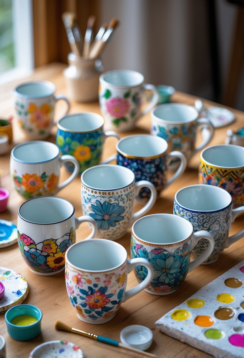 A group of hand-painted ceramic mugs with colorful designs arranged on a wooden table with paintbrushes and paint pots nearby.