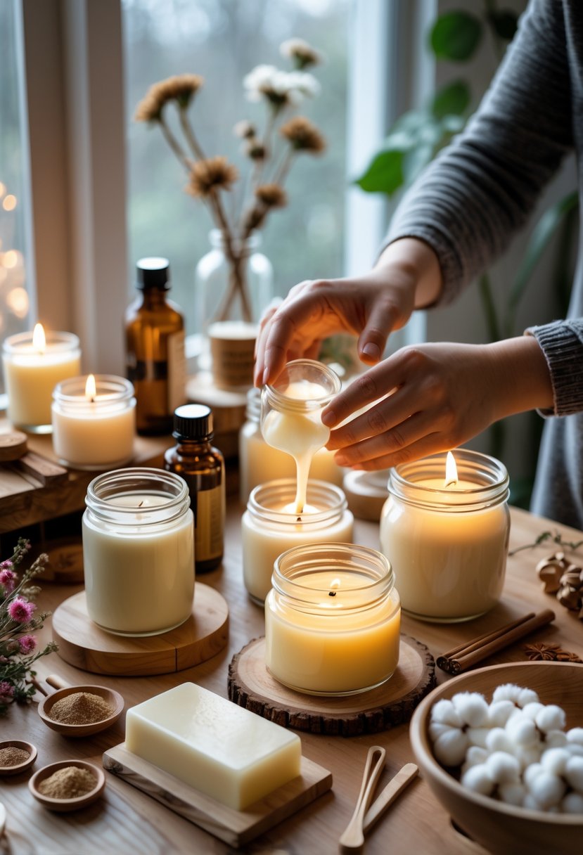Hands pouring melted wax into a glass jar with several finished soy candles and crafting supplies on a wooden table.