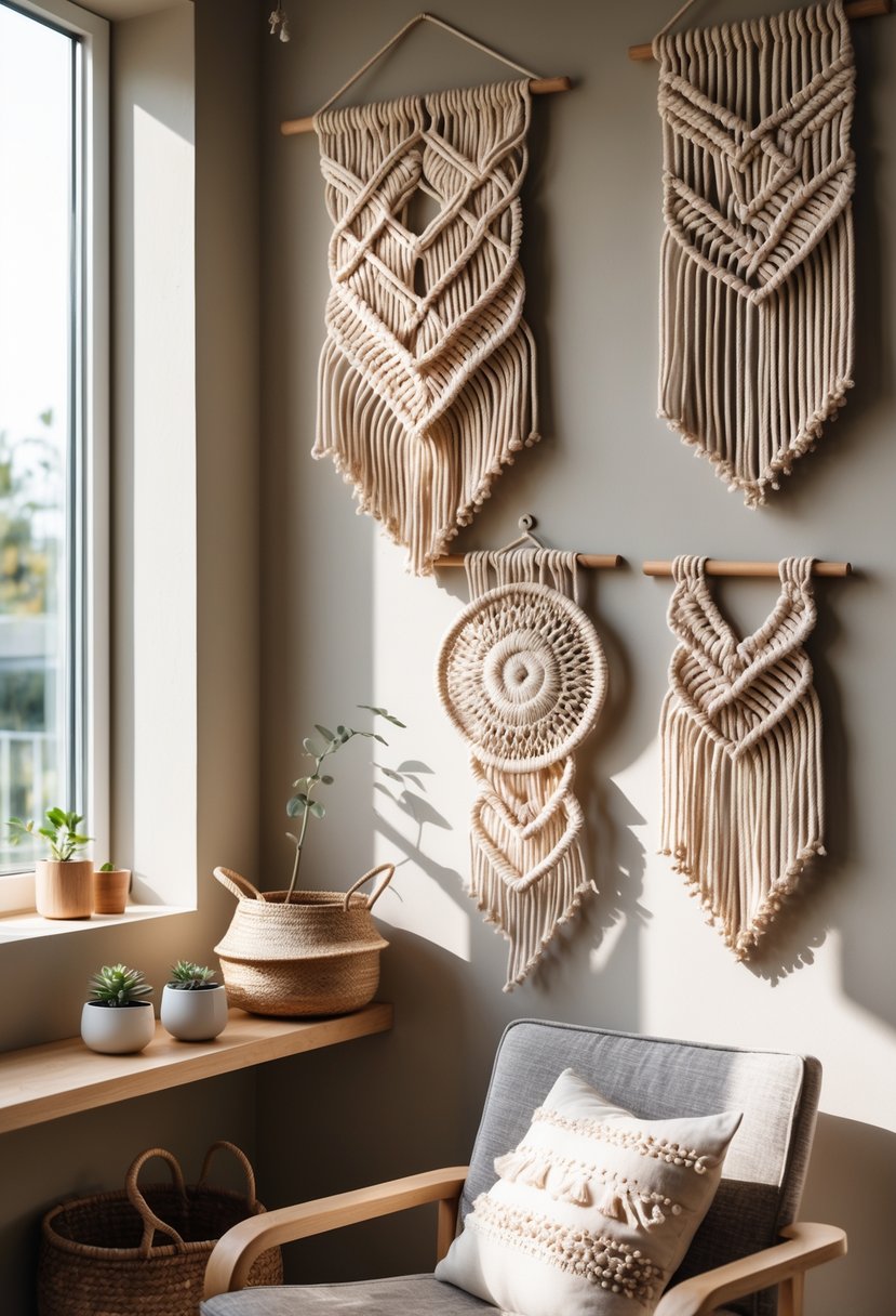 A cozy room with several macrame wall hangings displayed on a neutral wall, surrounded by plants and simple furniture.