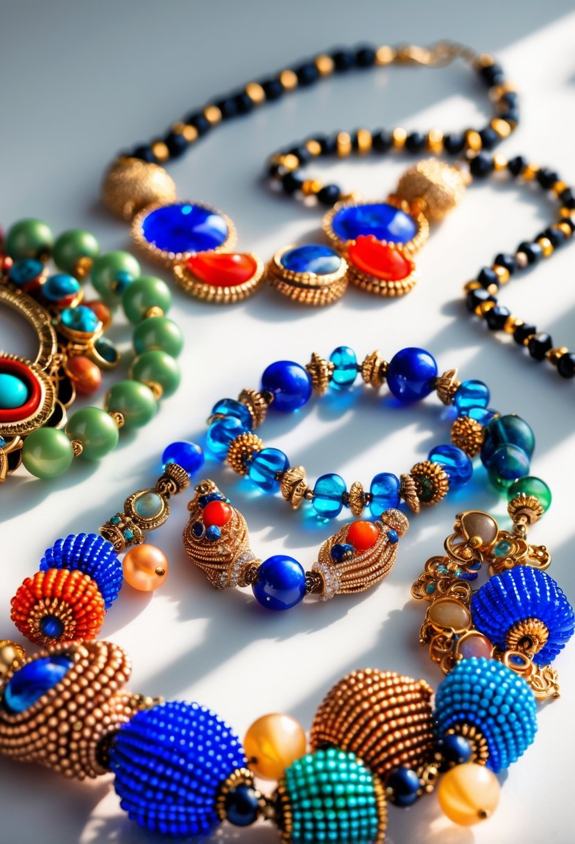 A collection of colorful beaded statement necklaces arranged on a neutral surface.