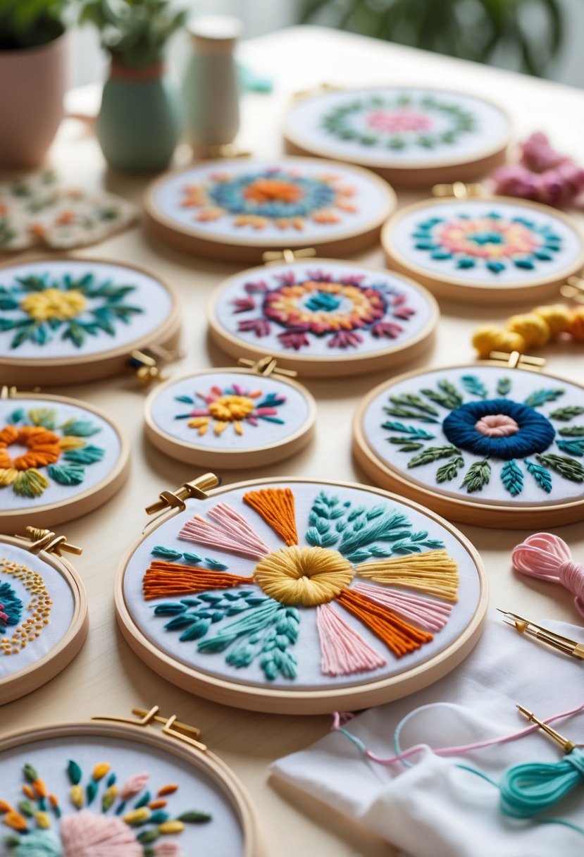 A table with several embroidery hoops displaying colorful stitched designs, surrounded by embroidery threads, needles, and scissors.
