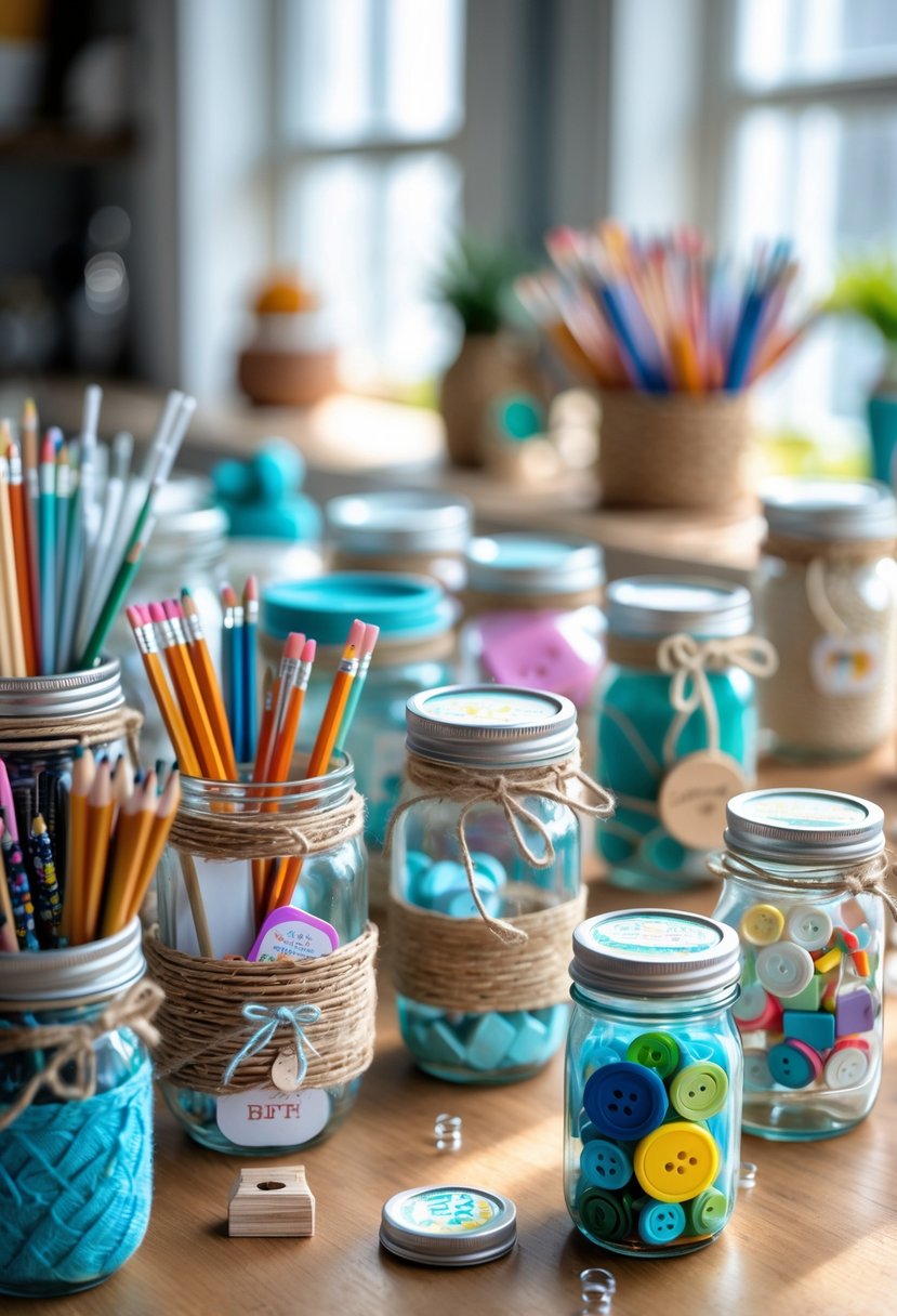 A collection of decorated mason jars organized on a wooden table holding craft supplies like pencils, buttons, and beads.