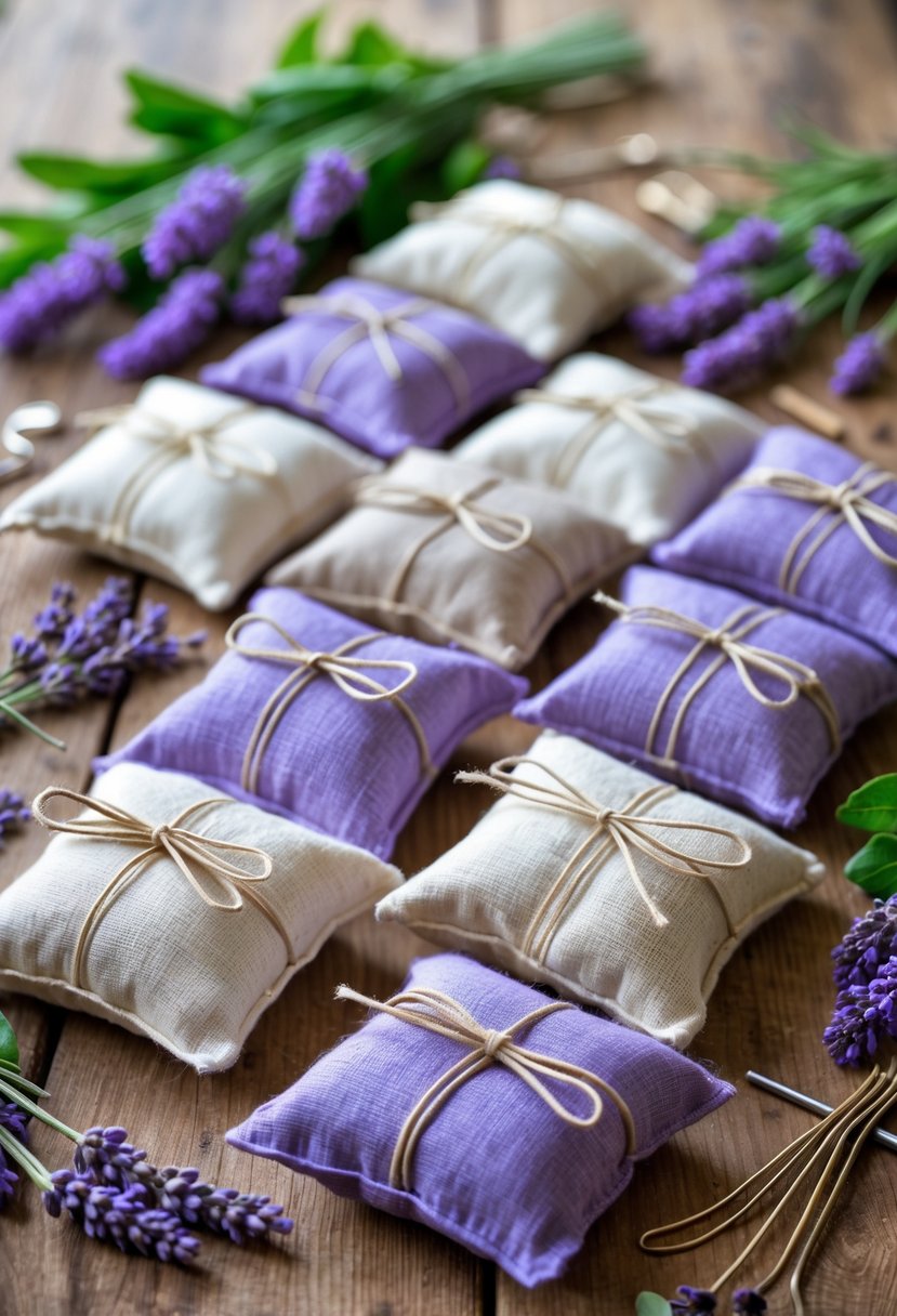 A collection of homemade lavender sachets on a wooden table surrounded by fresh lavender and crafting tools.