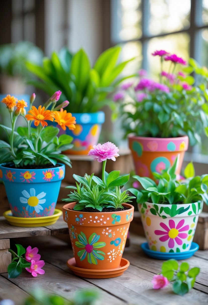 A variety of colorful hand-painted flower pots with green plants and flowers arranged on a wooden table.