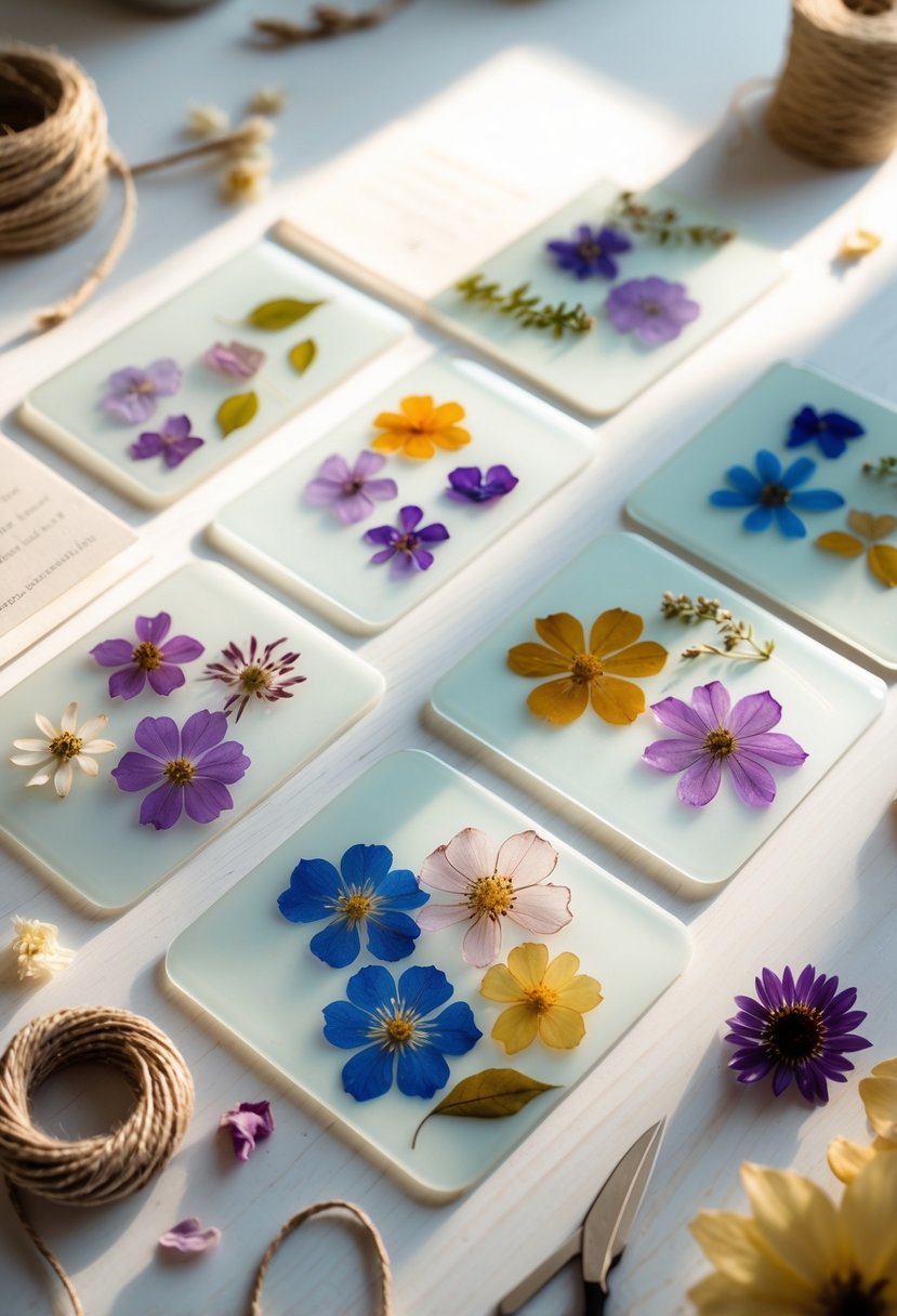 A collection of pressed flower bookmarks arranged on a wooden surface with crafting materials nearby.