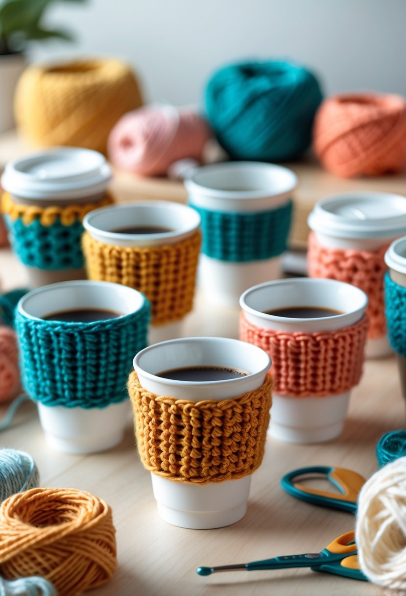 Several disposable coffee cups wrapped with colorful crocheted cozies arranged on a wooden table with crafting materials in the background.