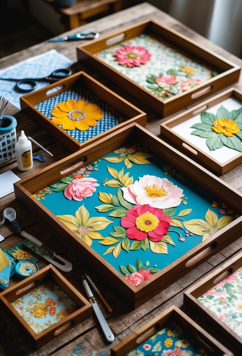 A collection of decorated wooden trays with colorful patterns displayed on a wooden table alongside craft supplies.