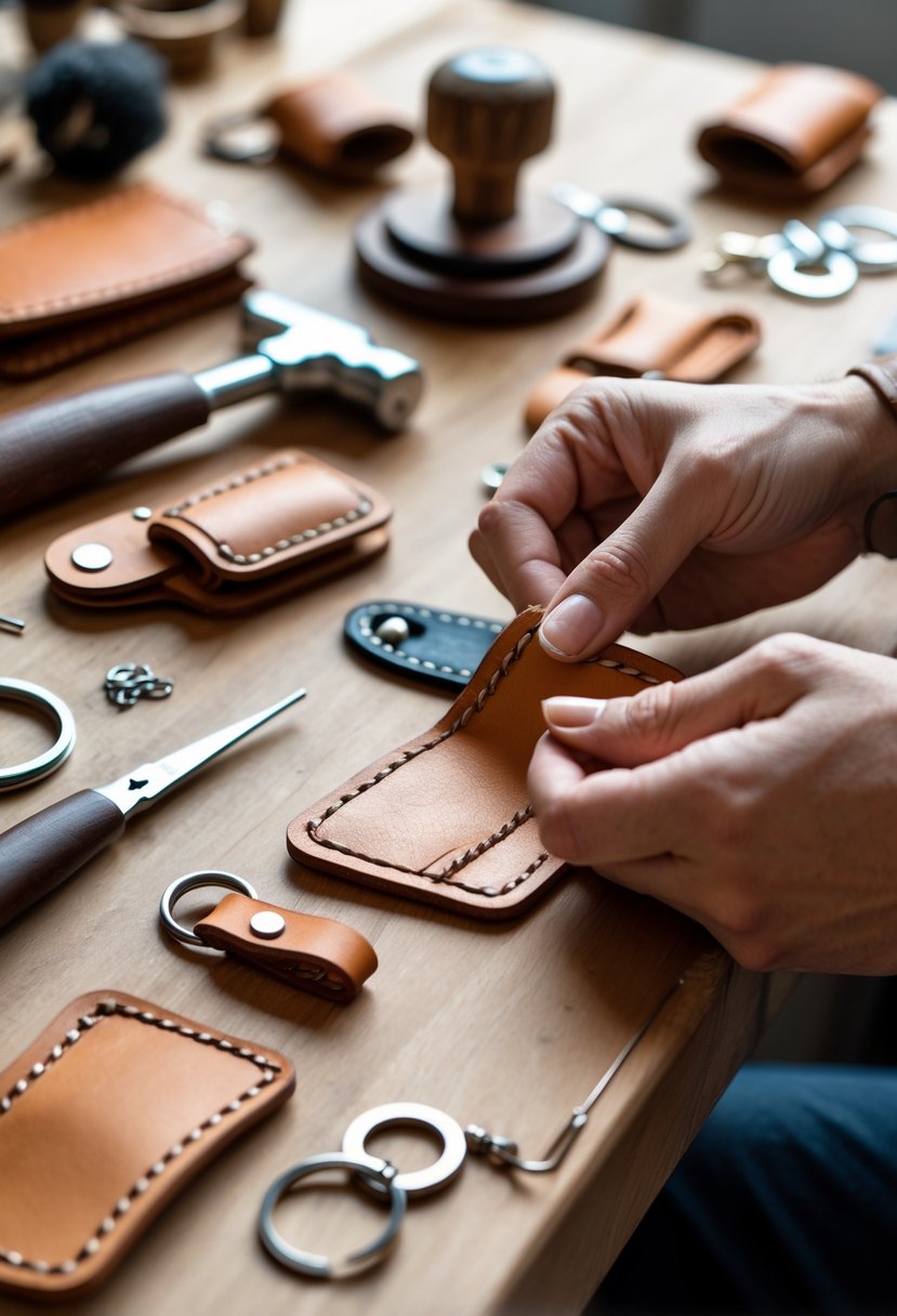Hands crafting a leather keychain on a wooden workbench with leather tools and finished keychains nearby.