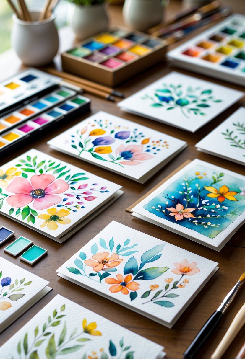 A workspace with watercolor greeting cards and art supplies arranged on a wooden table.